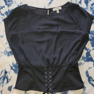 Corset tie woman's black polyester blouse